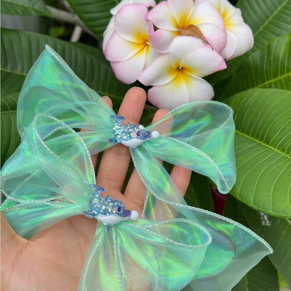 Iridescent Seafoam Dolphin Hair Bows - Set of 2